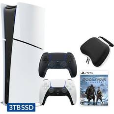 Sony Hyper-Tech (Record S/N) PlayStation 5 Slim Digital 3TB SSD Edition God of War Ragnarok Bundle with Two Controllers White and Midnight Black DualSense and Mytrix Hard Shell Protective Controller Case PS5 Gaming Console