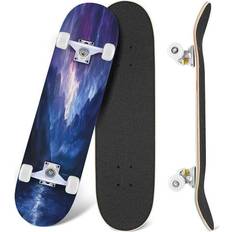 Silver Complete Skateboards PRXCM yantainingningsonggongyingliankejiyouxiangongsi, Skateboard Complete for Beginners Adults Teens 31 x 8 Silver Flashes Dark Lake Atmospheric Landscape Photo Maple Double Kick Concave Skateboards