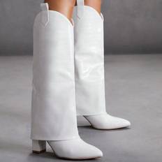 Leather - White High Boots Cuccoo Thick Heel Pointy Toe Boots - White