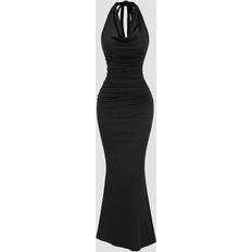 Shein Drapierter Ausschnitt Body-Con Fischgräten Kleid - Schwarz