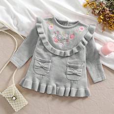 3-6M Dresses Shein Cute Floral Embroidery Ruffle Trim Sweater Dress - Light