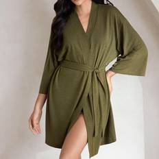 Green - Women Robes Shein Soft Stretchy Short Bathrobe - Women