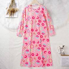 Cheap Nightgowns Children's Clothing Shein Vibrant Donut Print Long Sleeve Pajama Nightgown - Mulberry Silk