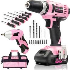 Pink Power Home Tool Kit with 20V Drill Set for Women, 3.6V Electric Screwdriver Drill Set, Toolbag and Magnetic Screwdriver Hand Tool Set Cordless Drill Tool Kit for Women