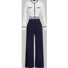 Shein Women's Round Neck Contrast Trim Long Sleeve Top - Casual Pants Suit