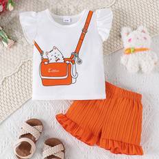 18-24M Other Sets Children's Clothing Shein Cute Cartoon Cat Printed Fly Sleeve T-Shirt And Shorts Set - Multi