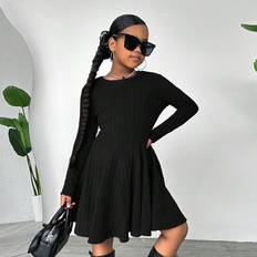 High Collar Dresses Children's Clothing Shein Casual Solid Color Round Neck Long Sleeve Dress - Fitted Knit