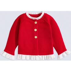 Red Cardigans Children's Clothing Shein Toddler Round Neck Cardigan - Ruffle Trim