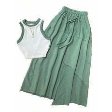 Jumpsuits & Overalls Shein Women's Contrast Color Sleeveless T-Shirt And Mini Skirt 2pcs Set,Ladies Casual Contrast Binding,Drawstring,Knot Sleeveless Slim Fit Green Pants Women Two-Piece Outfits.,Spring/Summer,Casual Daily Wear