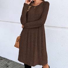 Square Dresses Emery Rose Ribbed Solid Color Crew Neck Long Sleeve Dress -