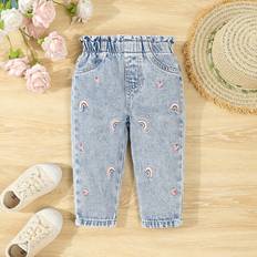 Hearts Trousers Shein Ruffled Waist Rainbow Heart Embroidery Pants - Beige Denim