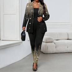 3XL - Women Suits Shein Plus Size Sparkly Long Sleeve Blazer Set - Black