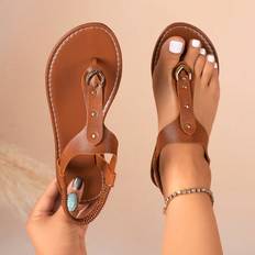 Polyurethane Sandals Shein Women's Rivets Round Toe Flat Sandals - Hollow