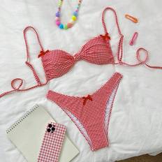 M Bikini Sets Shein Cute Plaid Bow Bikini Set - Pink/White