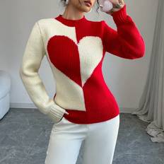 Shein Knitted Sweaters Jumpers Shein Crew Neck Long Sleeve Heart Pattern Sweater - Colorblock