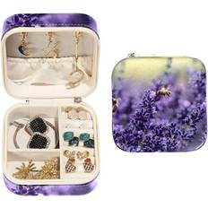 Purple Jewelry Boxes Ownta xingbaohua, Lavender Purple Flower Bees Pattern Jewelry Box: Travel-Portable Square Organizer Box for Rings Earrings Necklaces Bracelets