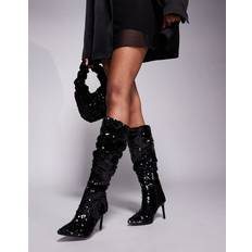 New Look Sequin Heeled Knee Boot - Black