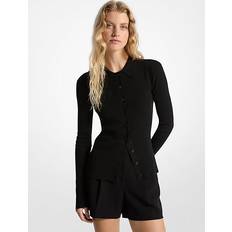 Tencel Cárdigans Michael Kors Collared Rib Knit Cardigan - Black