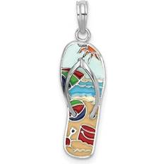UnbeatableSale Local, Sterling Silver Polished 3D Enameled Beach Scene Flip-Flop Pendant