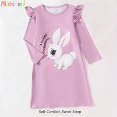 Cheap Nightgowns Children's Clothing Shein Cute Rabbit Graphic Ruffled Sleeve Nightgown - Sleepwear