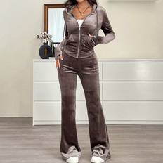 Polyester - Women Suits Shein Women Hooded Zip Up Top Set - Solid Color