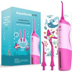 AquaSonic Express Source, Kids Water Flosser for Ages 6 Standard Nozzle Orthodontic Nozzle & Waterproof Stickers Advanced Dental Care with 4 Flossing Modes Compact Portable & Aquarium Adventures Theme Pink