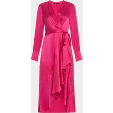 Victoria Tie Waist Long Sleeve Midi Dress - Hot Pink