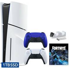 Game Consoles Sony Hyper-Tech (Record S/N) PlayStation 5 Slim Disc 1TB SSD Fortnite Cobalt Star Bundle with Two Controllers White and Cobalt Blue DualSense and Mytrix Dual Controller Charger PS5 Slim Disc Edition