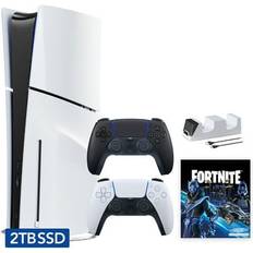 Game Consoles Sony Hyper-Tech (Record S/N) PlayStation 5 Slim Disc 2TB SSD Fortnite Cobalt Star Bundle with Two Controllers White and Midnight Black DualSense and Mytrix Dual Controller Charger PS5 Slim Disc Edition