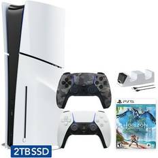 Sony Hyper-Tech (Record S/N) PlayStation 5 Slim Disc 2TB SSD Edition Horizon Forbidden West Bundle with Two Controllers White and Gray Camouflage DualSense and Mytrix Dual Controller Charger PS5 Gaming Console