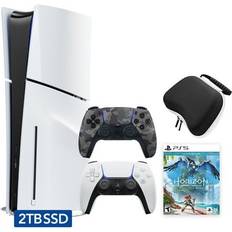 Game Consoles Sony Hyper-Tech (Record S/N) PlayStation 5 Slim Disc 2TB SSD Edition Horizon Forbidden West Bundle with Two Controllers White and Gray Camouflage DualSense and Mytrix Hard Shell Protective Controller Case PS5 Gaming Console