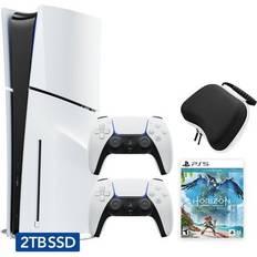 Sony Hyper-Tech (Record S/N) PlayStation 5 Slim Disc 2TB SSD Edition Horizon Forbidden West Bundle with Two DualSense Controllers and Mytrix Hard Shell Protective Controller Case PS5 Gaming Console