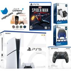 Sony Pro-Distributing, Playstation 5 Slim Disc Bundle with Spider-Man: Miles Morales Extra Gray Camo Controller Pro Gamer Kit Dual Charge Dock and MightySkins Decal Voucher