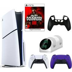 Sony Entrotek, PlayStation 5 Slim Call of Duty: Modern Warfare III Slim Console with Extra Purple DualSense Controller Dual Charging Dock and Silicone Sleeve