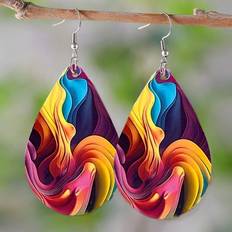 Wood Earrings Shein Double Sided Rainbow Print Hook Earrings - Wooden