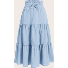 Viscose Skirts Children's Clothing Shein Tween Girls Paperbag Waist Ruffle Hem Knot Front Skirt