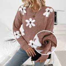 Florals - Women Jumpers Shein Casual Fluffy Flower Pattern Pullover Sweater - Autumn/Winter