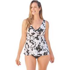 Florals - Women Tankinis Plus Size Flowy Tankini Top - Black/White Graphic Floral