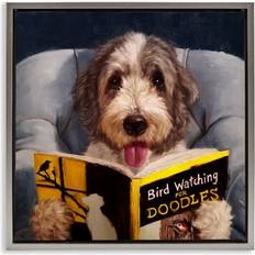 Dog With Bird Watching Book Canvas 18 x 18 Framed Art