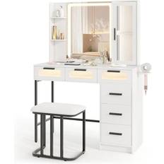 MDF Dressing Tables Costway LED Lights White Dressing Table 15.5x39.5"