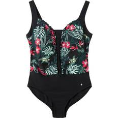 5XL - Damen Bademode Sheego Swimsuit Ruffles & Tropical Print - Black Printed