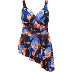 6XL Swimwear Ulla Popken Colorful Leaf Print Pointed Hem Swim Dress - Blue