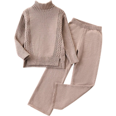 Shein 2pcs/Set Tween Girl Casual Oversized Sweater & Wide-Leg Pants Suit, Loose Hem Split Knitted Pullover And Trousers, Autumn