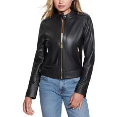 Leather moto jacket Guess Women's Quilted Shoulder Leather Moto Coat - Jet Black