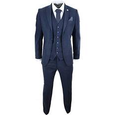Wool Tweed Suit 3 Piece Tailored Fit Classic - Navy