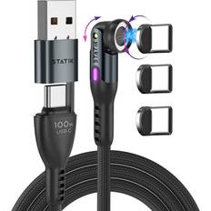 Statik 360 Pro Magnetic Phone Charger Magnetic USB C Charging Cable, 3-in-1 Magnetic Charger Cable, iProduct, Micro-USB, USB-A & USB C Magnetic Charging Cable Black, 6FT/2M