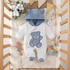 Blue Jumpsuits Children's Clothing Shein Cute Bear Print Long Sleeve Jumpsuit - Blue
