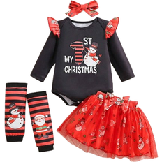 Shein 4pcs/Set Baby Girl Cute Christmas Snowman Striped Letter Print Romper, Tutu Skirt, Headband And Leg Warmers Outfit Set, Suitable For Autumn/Winter