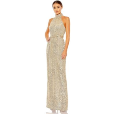 Mac Duggal Sequined Halter Neck Belted Soft Tie Dress - Champagne