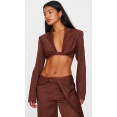 PrettyLittleThing Twist Detail Long Sleeve Cropped Blazer - Chocolate Brown